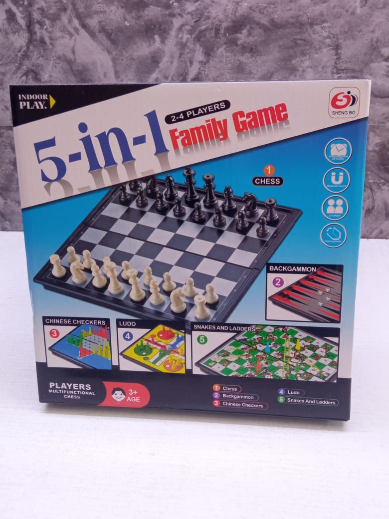 High Quality 5-in-1 Family Board Game Set - Chess, Backgammon, Chinese Checkers, Ludo and Snakes and Ladders Collection for Family Fun, Travel and Game Nights
