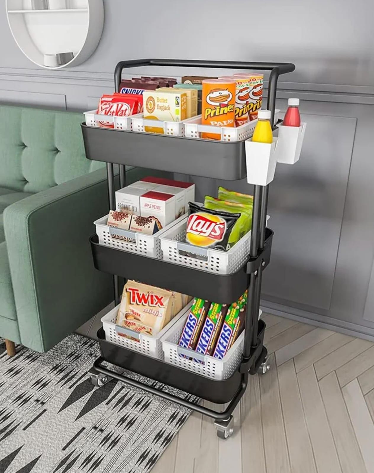 Heavy Gauge Metallic 3 Layer Home Mesh Trays Trolley Rack - Mobile Kitchen Vegetable Organizer for Fruits, Produce, Pantry Storage and Home Organization