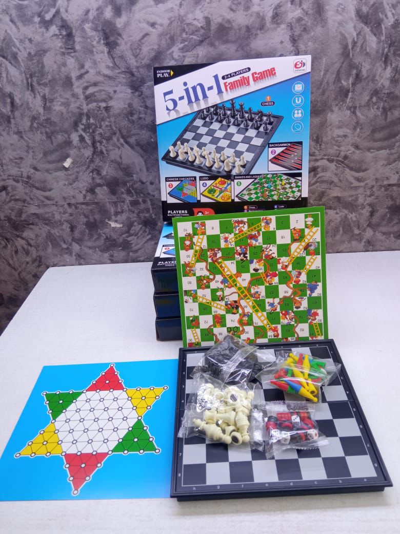 High Quality 5-in-1 Family Board Game Set - Chess, Backgammon, Chinese Checkers, Ludo and Snakes and Ladders Collection for Family Fun, Travel and Game Nights