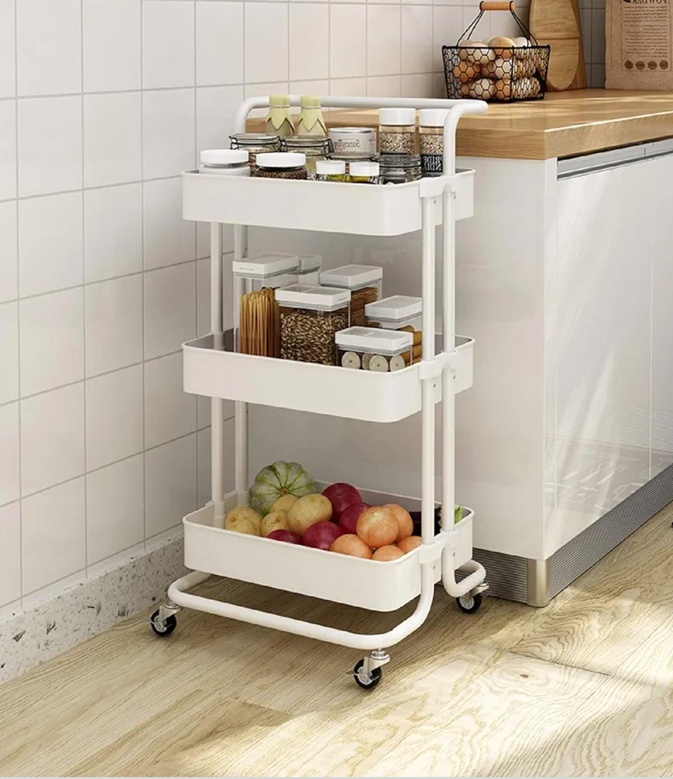 Heavy Gauge Metallic 3 Layer Home Mesh Trays Trolley Rack - Mobile Kitchen Vegetable Organizer for Fruits, Produce, Pantry Storage and Home Organization
