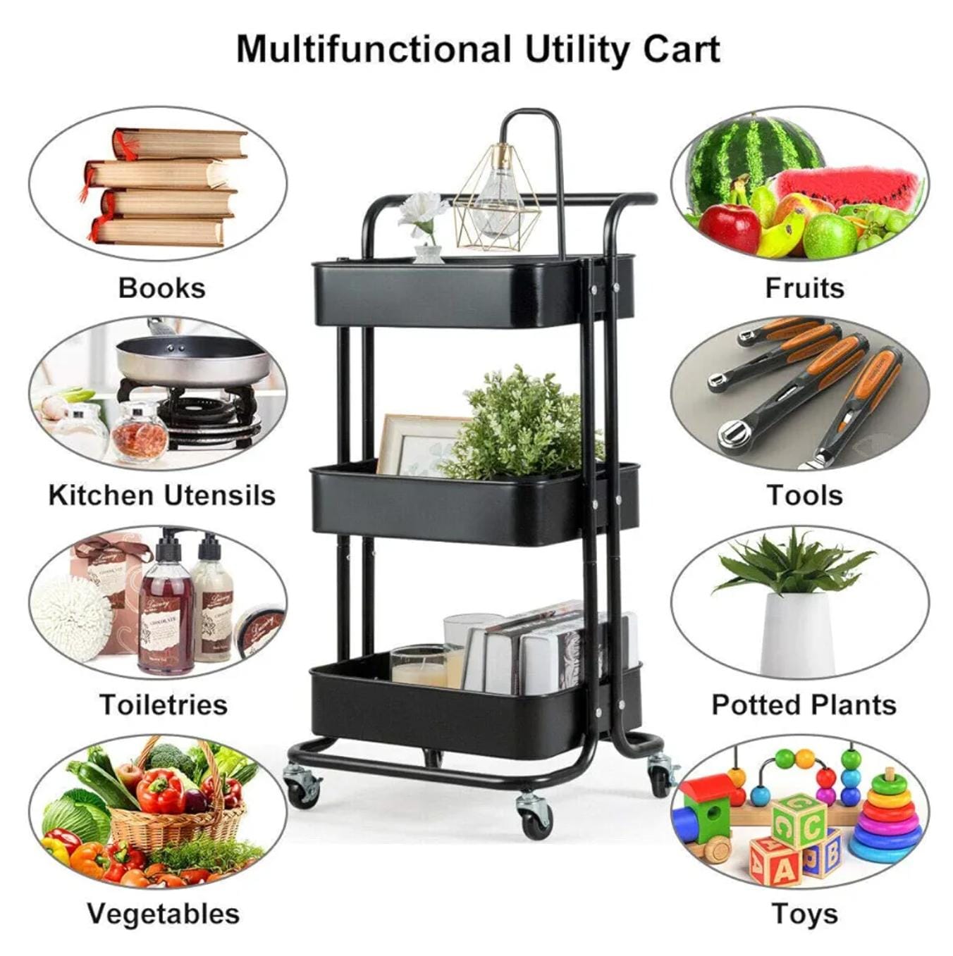 Heavy Gauge Metallic 3 Layer Home Mesh Trays Trolley Rack - Mobile Kitchen Vegetable Organizer for Fruits, Produce, Pantry Storage and Home Organization