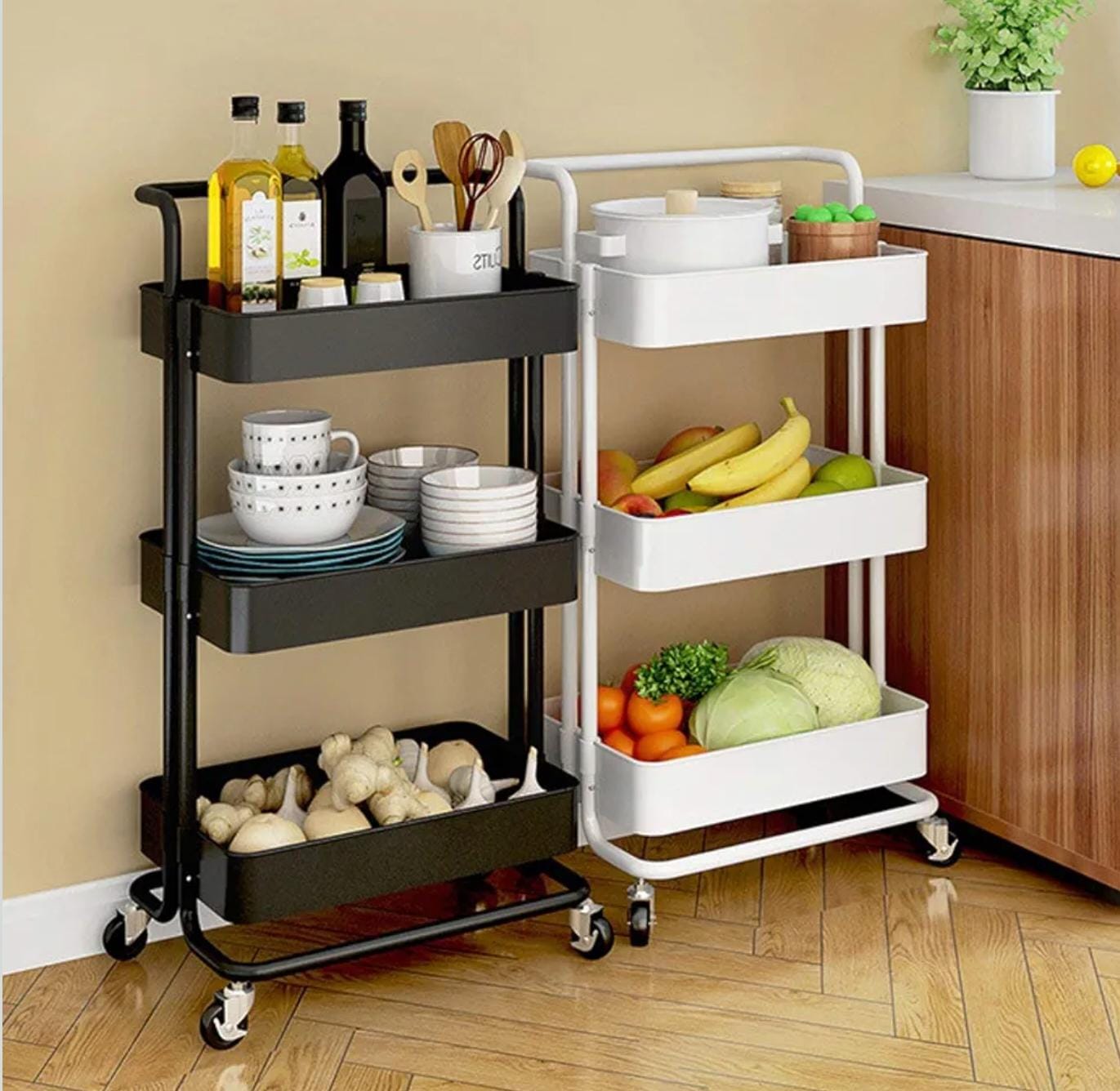 Heavy Gauge Metallic 3 Layer Home Mesh Trays Trolley Rack - Mobile Kitchen Vegetable Organizer for Fruits, Produce, Pantry Storage and Home Organization