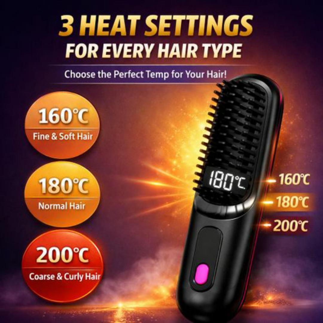 Professional Hair Straightening Brush - 3 Temperature Settings, Ionic Anti Frizz, Rapid Heating - White