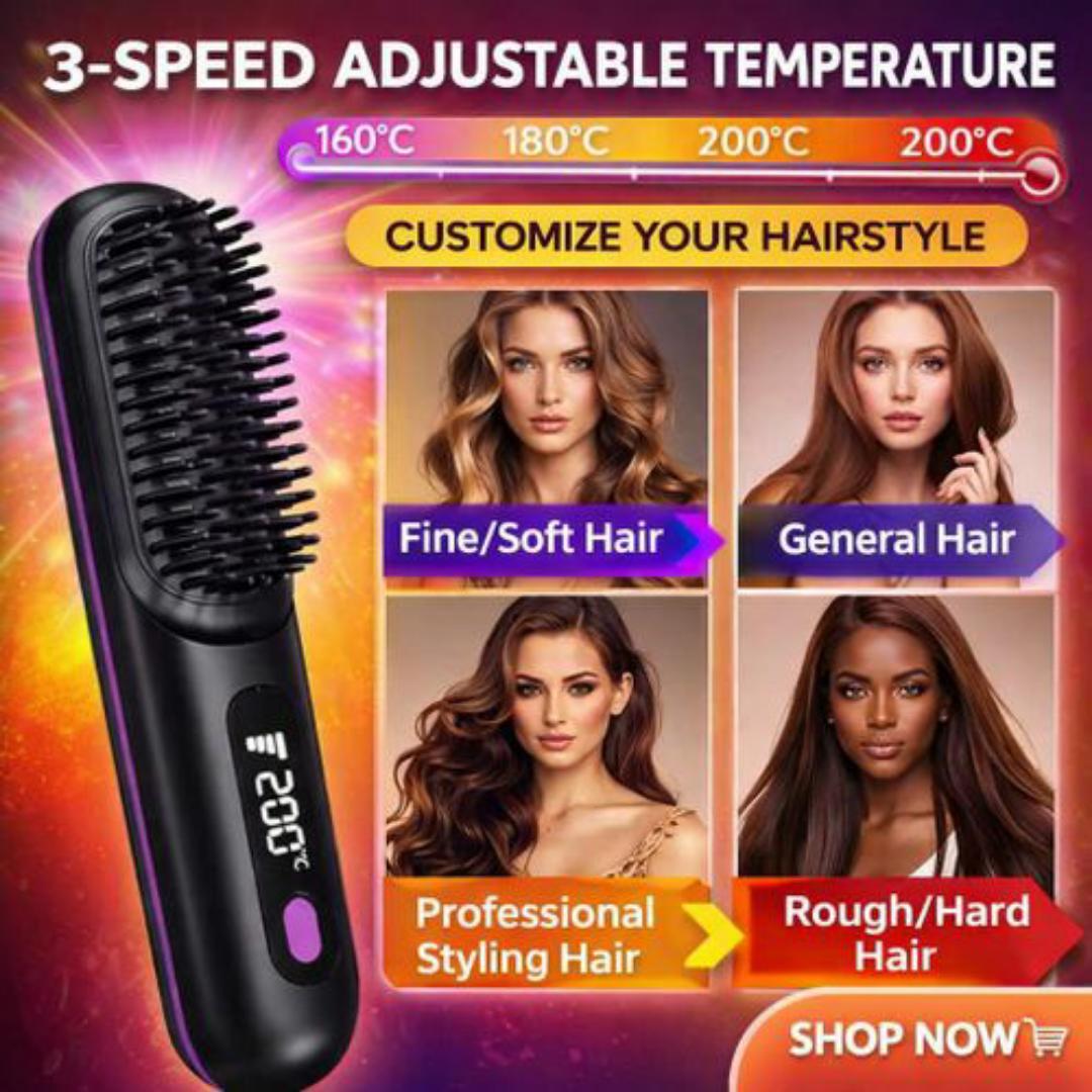 Professional Hair Straightening Brush - 3 Temperature Settings, Ionic Anti Frizz, Rapid Heating - White