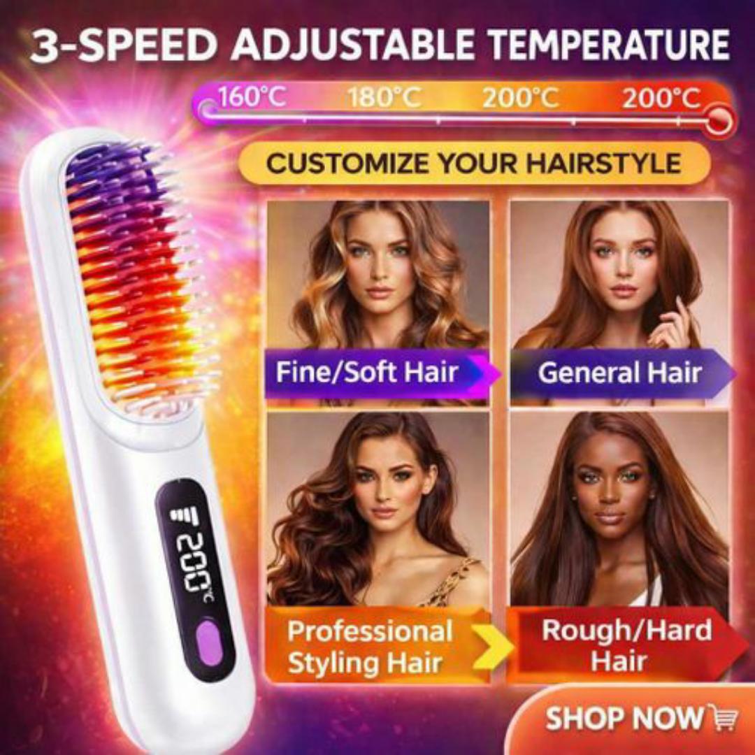 Professional Hair Straightening Brush - 3 Temperature Settings, Ionic Anti Frizz, Rapid Heating - White