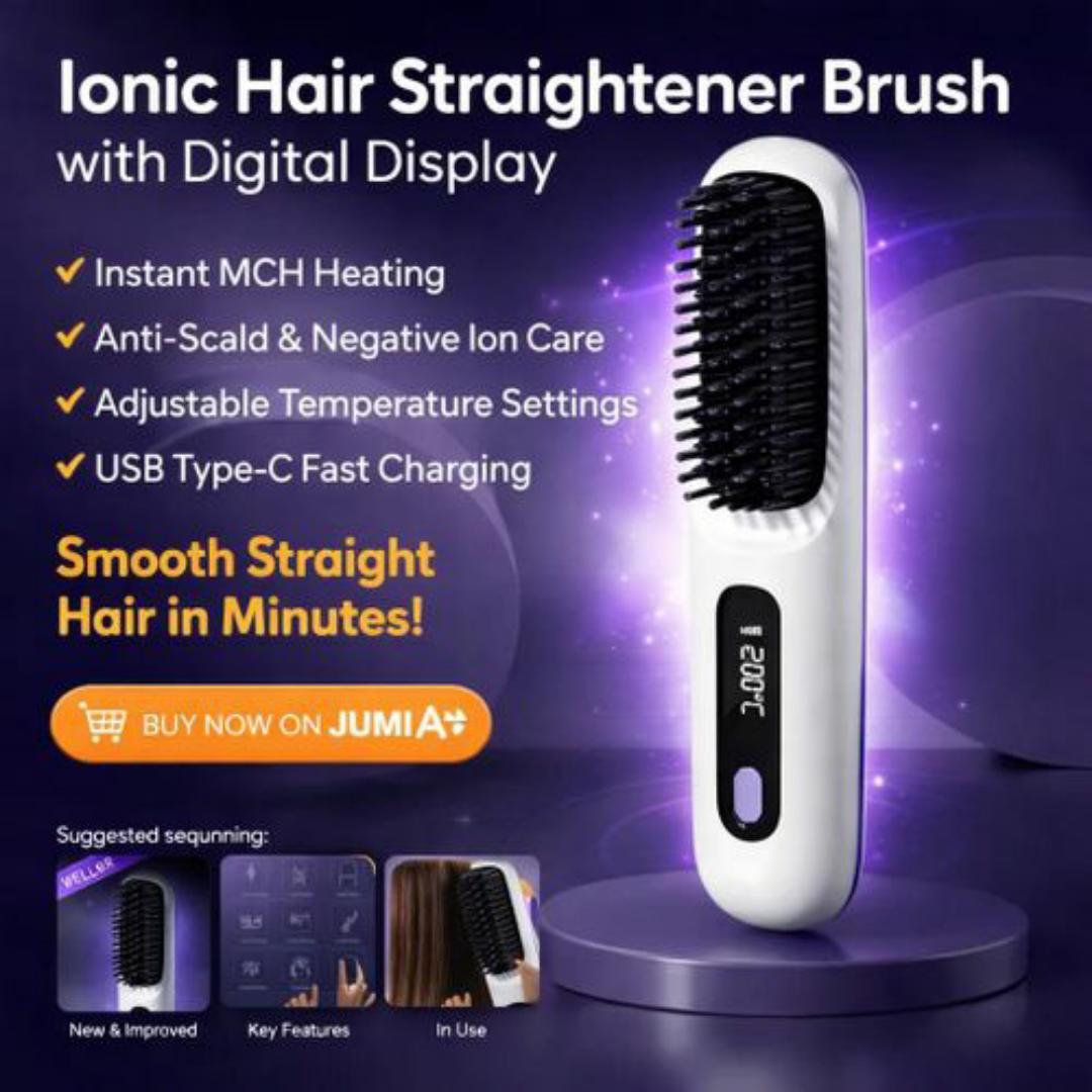 Professional Hair Straightening Brush - 3 Temperature Settings, Ionic Anti Frizz, Rapid Heating - White