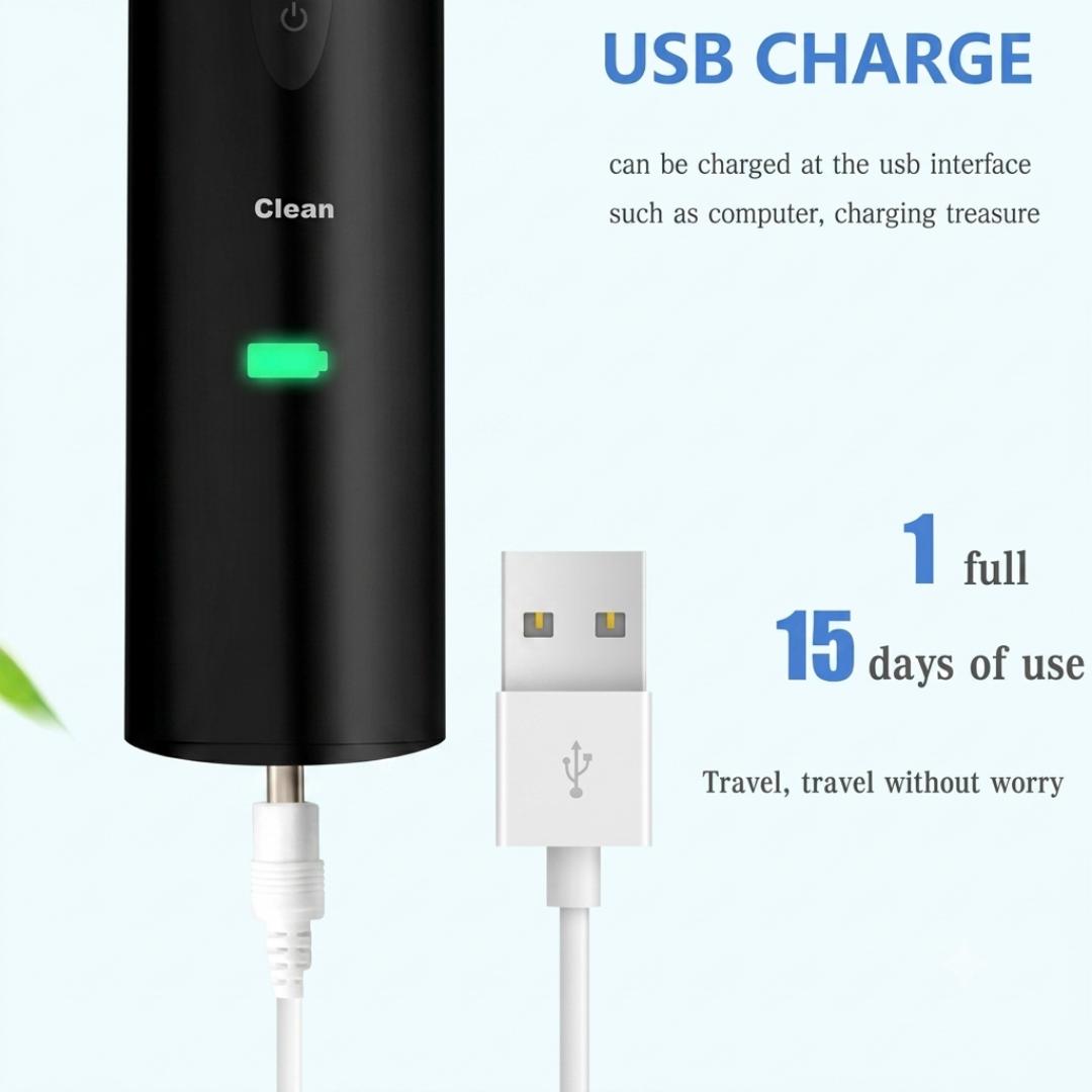 5 Speed Sonic Electric Toothbrush for Adults & Kids - Waterproof, Rechargeable Dental Care Kit with 4 Soft Brush and USB Cable - Black
