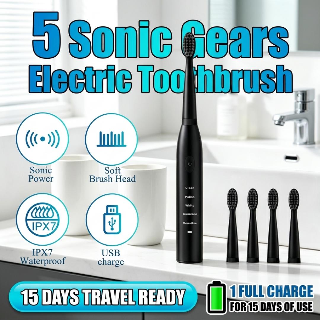 5 Speed Sonic Electric Toothbrush for Adults & Kids - Waterproof, Rechargeable Dental Care Kit with 4 Soft Brush and USB Cable - Black
