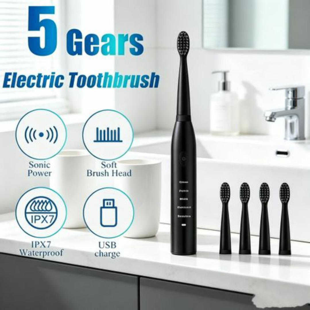 5 Speed Sonic Electric Toothbrush for Adults & Kids - Waterproof, Rechargeable Dental Care Kit with 4 Soft Brush and USB Cable - Black