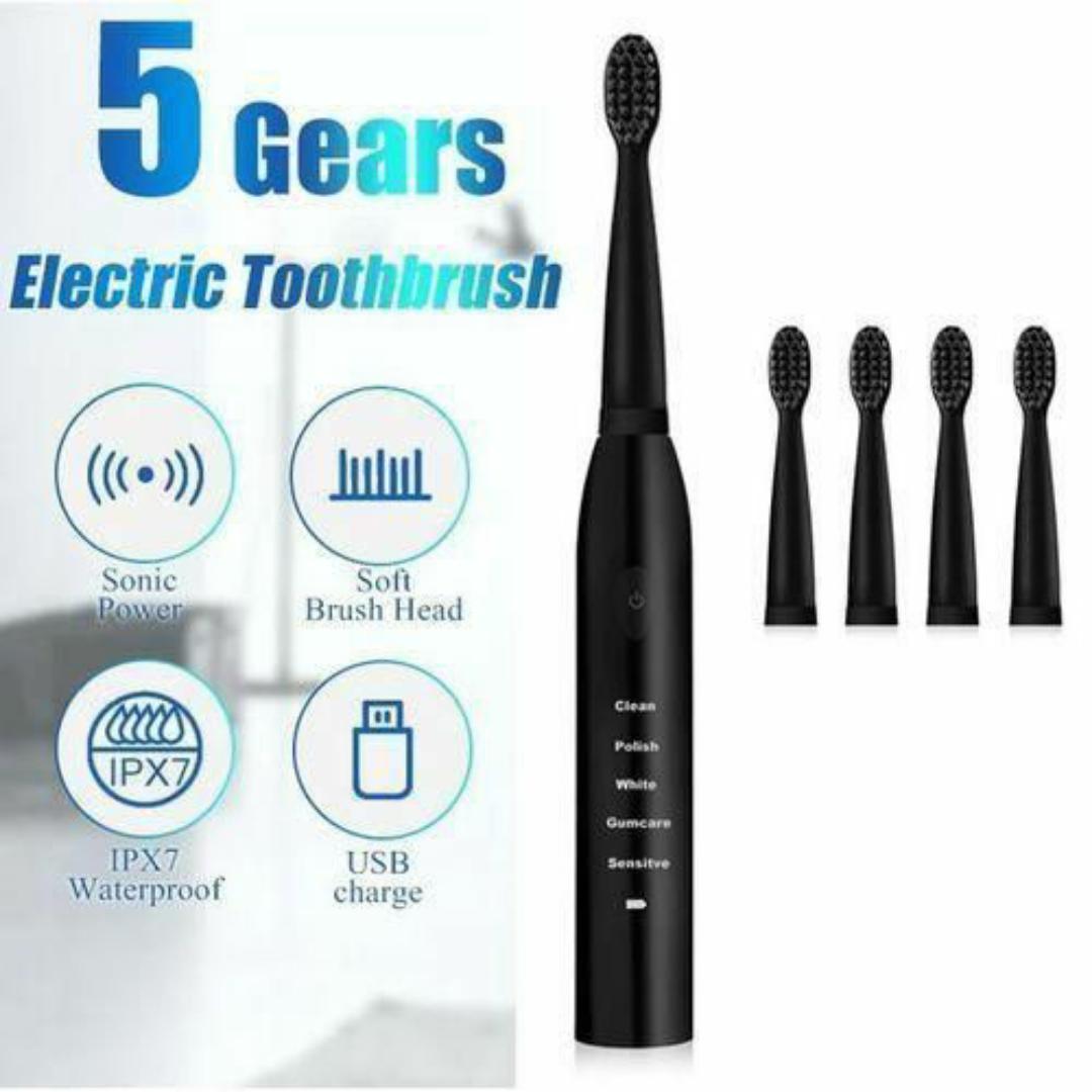 5 Speed Sonic Electric Toothbrush for Adults & Kids - Waterproof, Rechargeable Dental Care Kit with 4 Soft Brush and USB Cable - Black