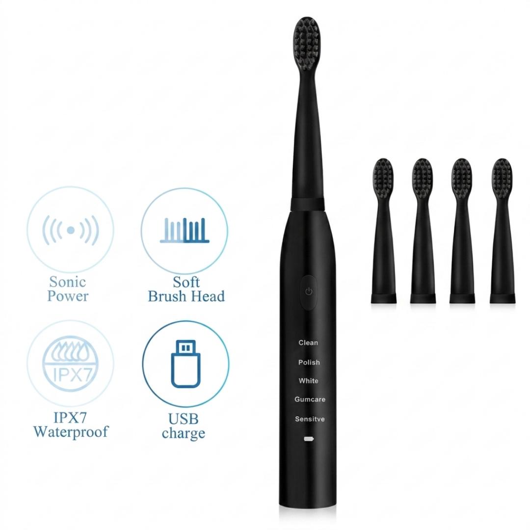 5 Speed Sonic Electric Toothbrush for Adults & Kids - Waterproof, Rechargeable Dental Care Kit with 4 Soft Brush and USB Cable - Black