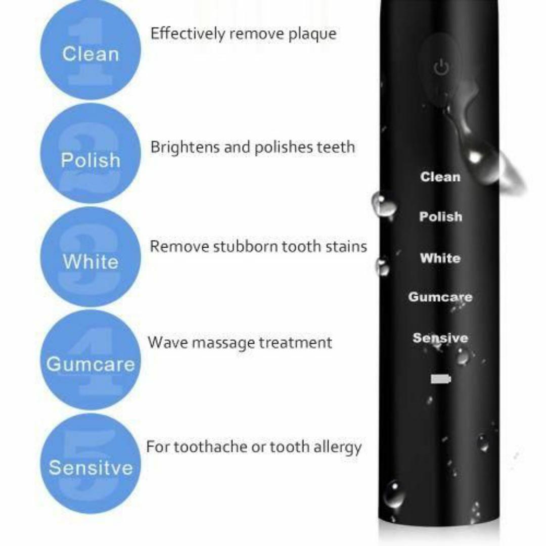 5 Speed Sonic Electric Toothbrush for Adults & Kids - Waterproof, Rechargeable Dental Care Kit with 4 Soft Brush and USB Cable - Black