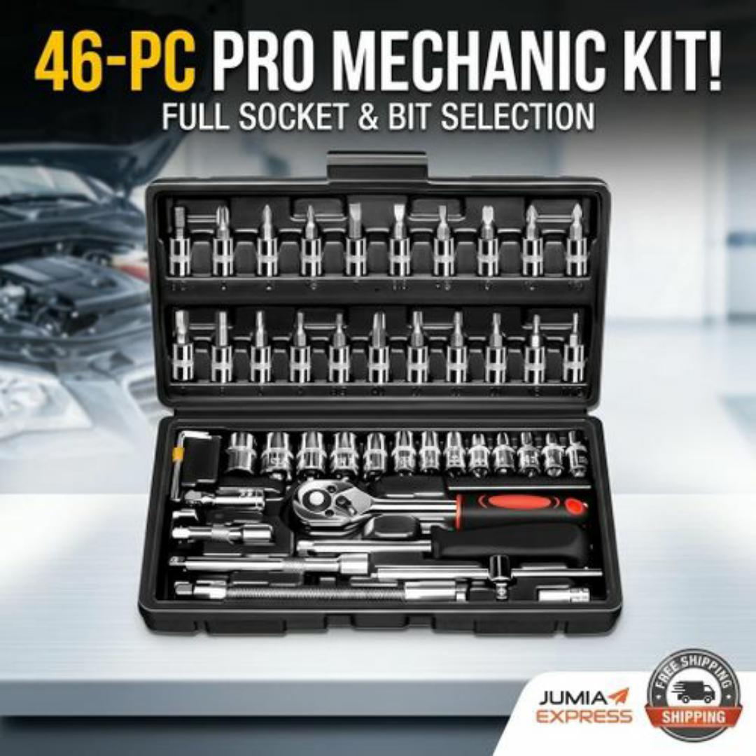 Complete 46-Piece 1/4" Drive Ratchet Socket Set – Chrome Vanadium Steel Mechanic Tool Kit for Car, Bicycle, & Home Repair - Quick-Release Two-Way Ratchet