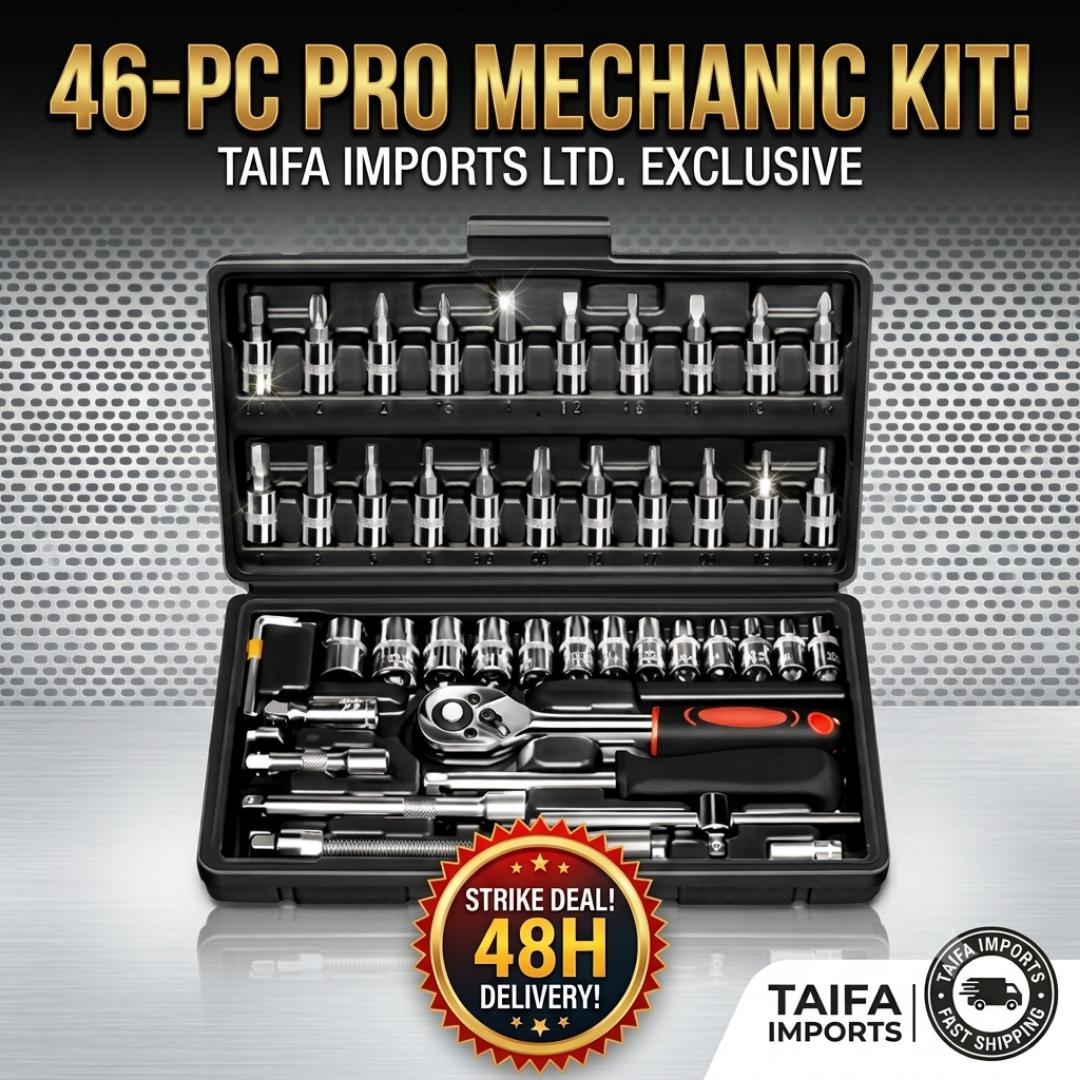 Complete 46-Piece 1/4" Drive Ratchet Socket Set – Chrome Vanadium Steel Mechanic Tool Kit for Car, Bicycle, & Home Repair - Quick-Release Two-Way Ratchet
