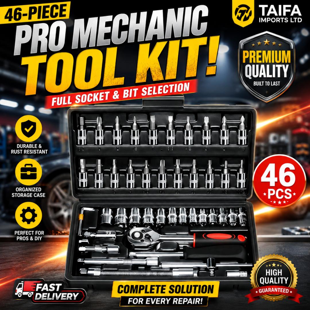 Complete 46-Piece 1/4" Drive Ratchet Socket Set – Chrome Vanadium Steel Mechanic Tool Kit for Car, Bicycle, & Home Repair - Quick-Release Two-Way Ratchet
