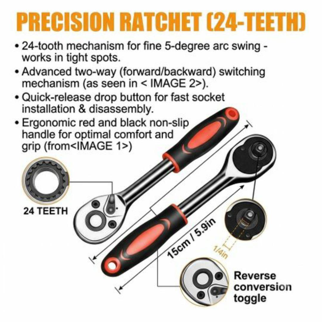 Complete 46-Piece 1/4" Drive Ratchet Socket Set – Chrome Vanadium Steel Mechanic Tool Kit for Car, Bicycle, & Home Repair - Quick-Release Two-Way Ratchet