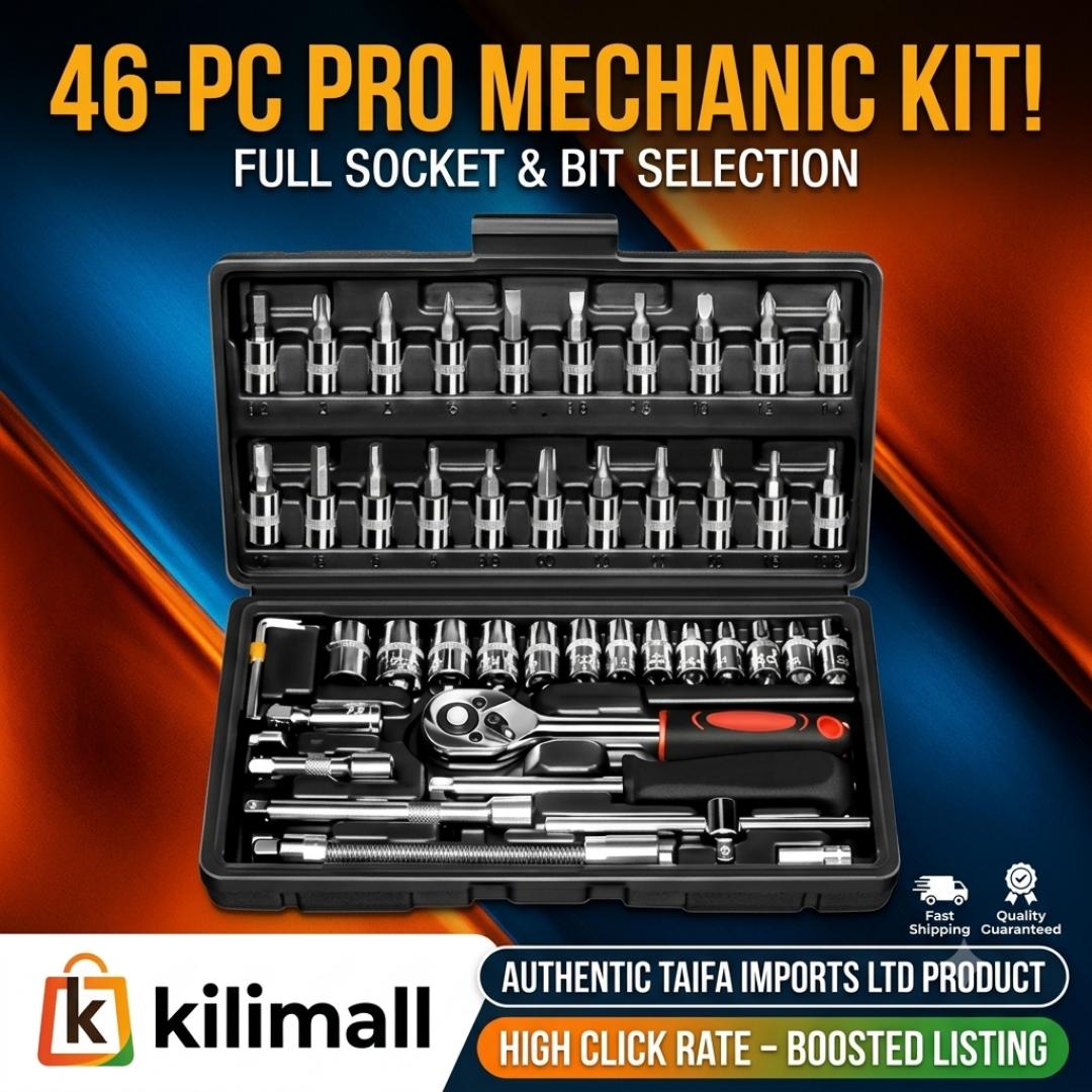 Complete 46-Piece 1/4" Drive Ratchet Socket Set – Chrome Vanadium Steel Mechanic Tool Kit for Car, Bicycle, & Home Repair - Quick-Release Two-Way Ratchet