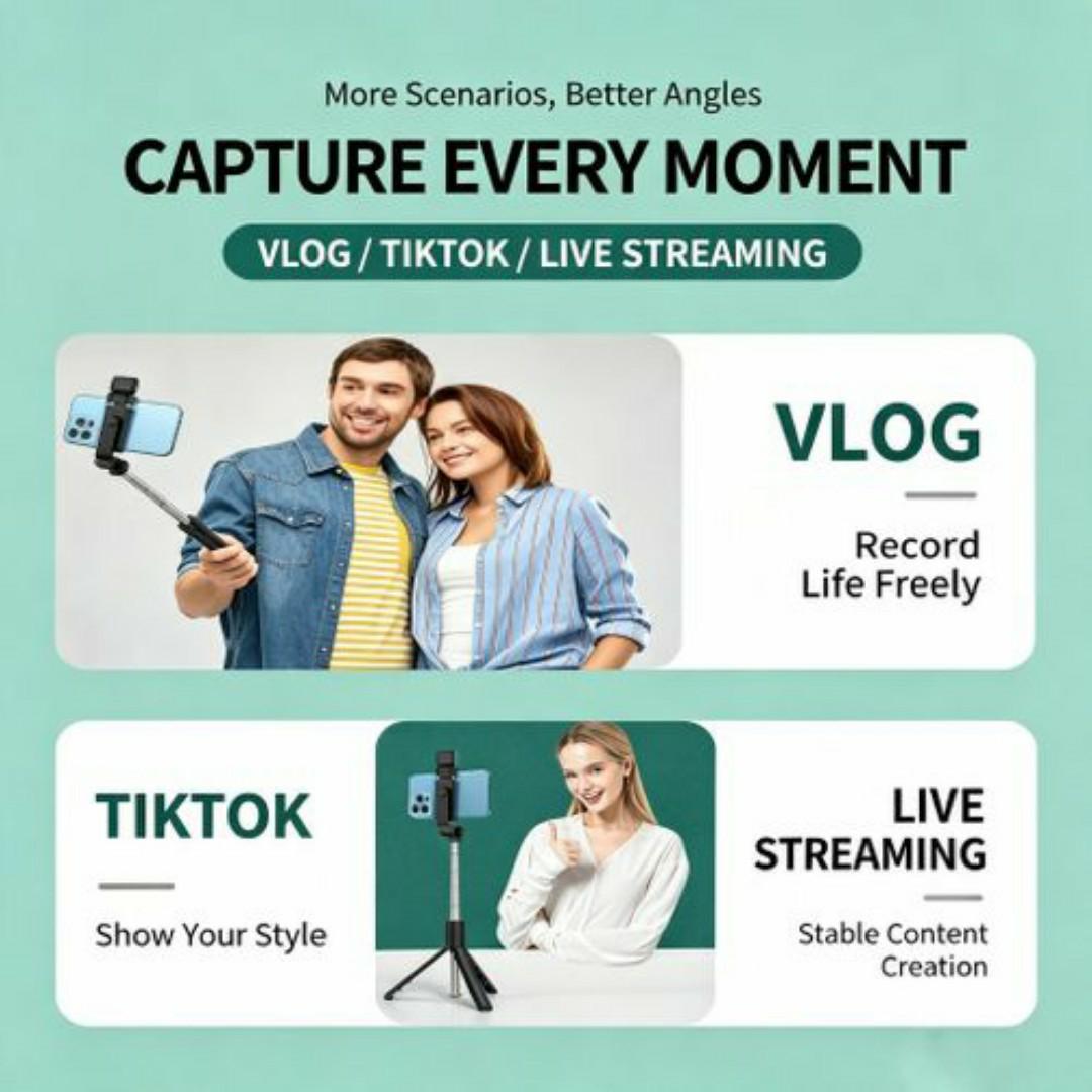 3-in-1 Wireless Bluetooth Selfie Stick Tripod - 360° Rotation Adjustable Phone Stand for YouTube, TikTok & Vlogging