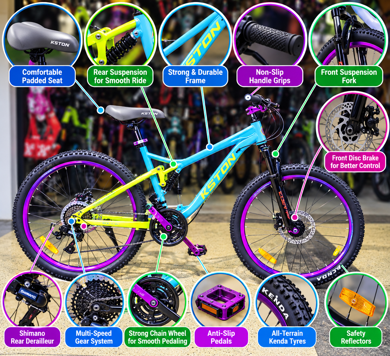 KSTON 27.5 Inch Mountain Bike | Aluminium Frame, 21-Speed Shimano, FULL Suspension & Dual Disc Brakes