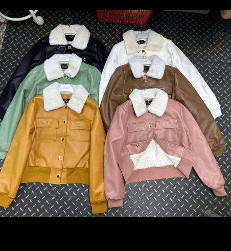Women Fashion Woolen Inside Leather Outside Bomber Jackets
