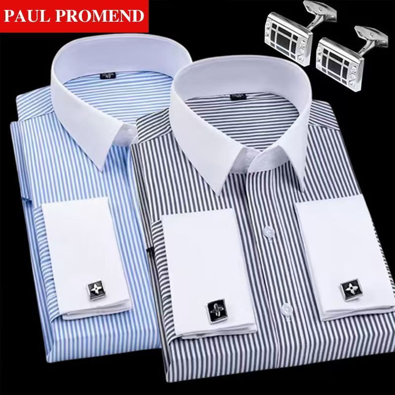 High Quality Striped For Men French Cufflinks Casual Dress Shirts Long Sleeved White Collar Design Wedding Tuxedo Men's Clothing Shirt