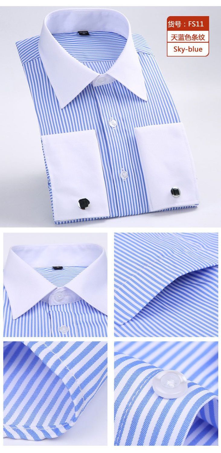 High Quality Striped For Men French Cufflinks Casual Dress Shirts Long Sleeved White Collar Design Wedding Tuxedo Men's Clothing Shirt
