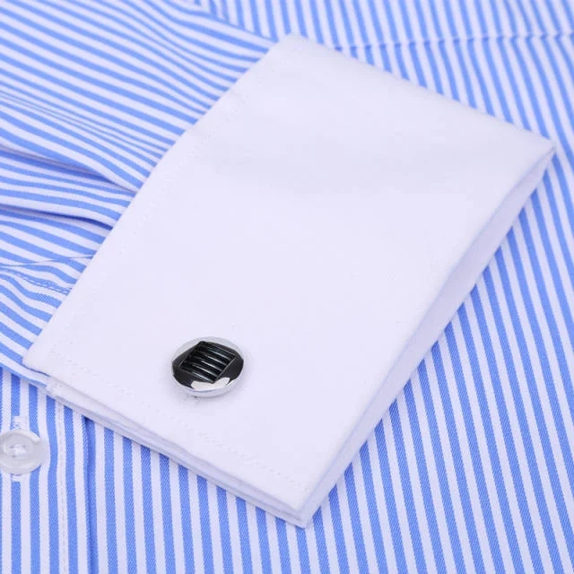 High Quality Striped For Men French Cufflinks Casual Dress Shirts Long Sleeved White Collar Design Wedding Tuxedo Men's Clothing Shirt