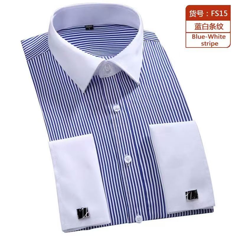 High Quality Striped For Men French Cufflinks Casual Dress Shirts Long Sleeved White Collar Design Wedding Tuxedo Men's Clothing Shirt