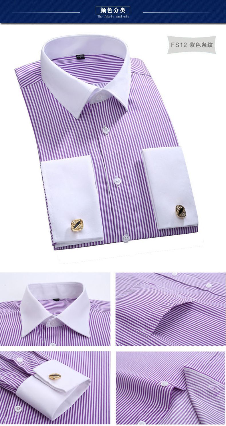 High Quality Striped For Men French Cufflinks Casual Dress Shirts Long Sleeved White Collar Design Wedding Tuxedo Men's Clothing Shirt