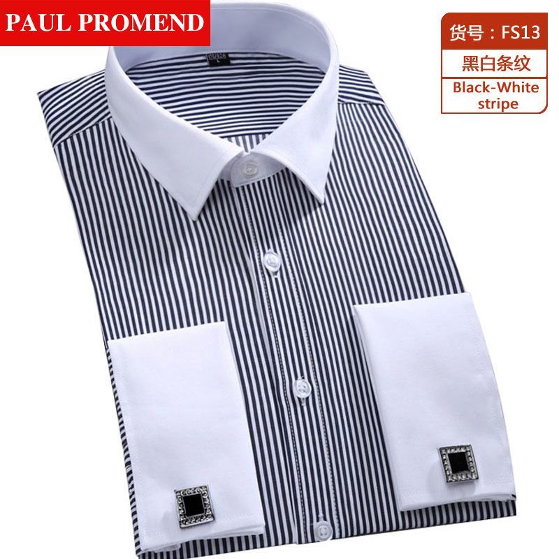 High Quality Striped For Men French Cufflinks Casual Dress Shirts Long Sleeved White Collar Design Wedding Tuxedo Men's Clothing Shirt