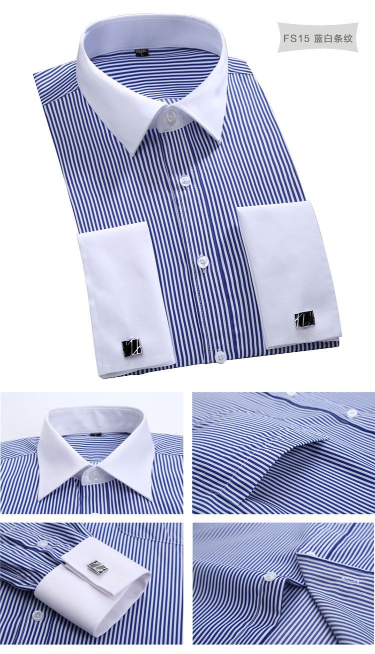 High Quality Striped For Men French Cufflinks Casual Dress Shirts Long Sleeved White Collar Design Wedding Tuxedo Men's Clothing Shirt