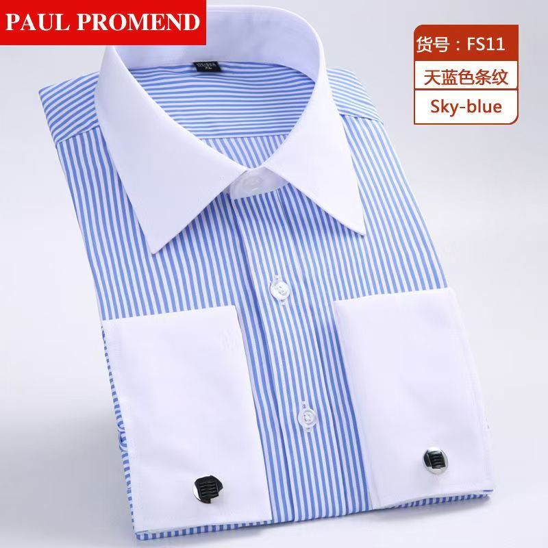High Quality Striped For Men French Cufflinks Casual Dress Shirts Long Sleeved White Collar Design Wedding Tuxedo Men's Clothing Shirt