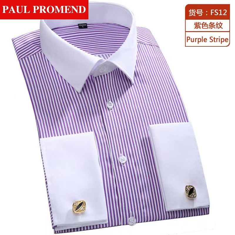 High Quality Striped For Men French Cufflinks Casual Dress Shirts Long Sleeved White Collar Design Wedding Tuxedo Men's Clothing Shirt