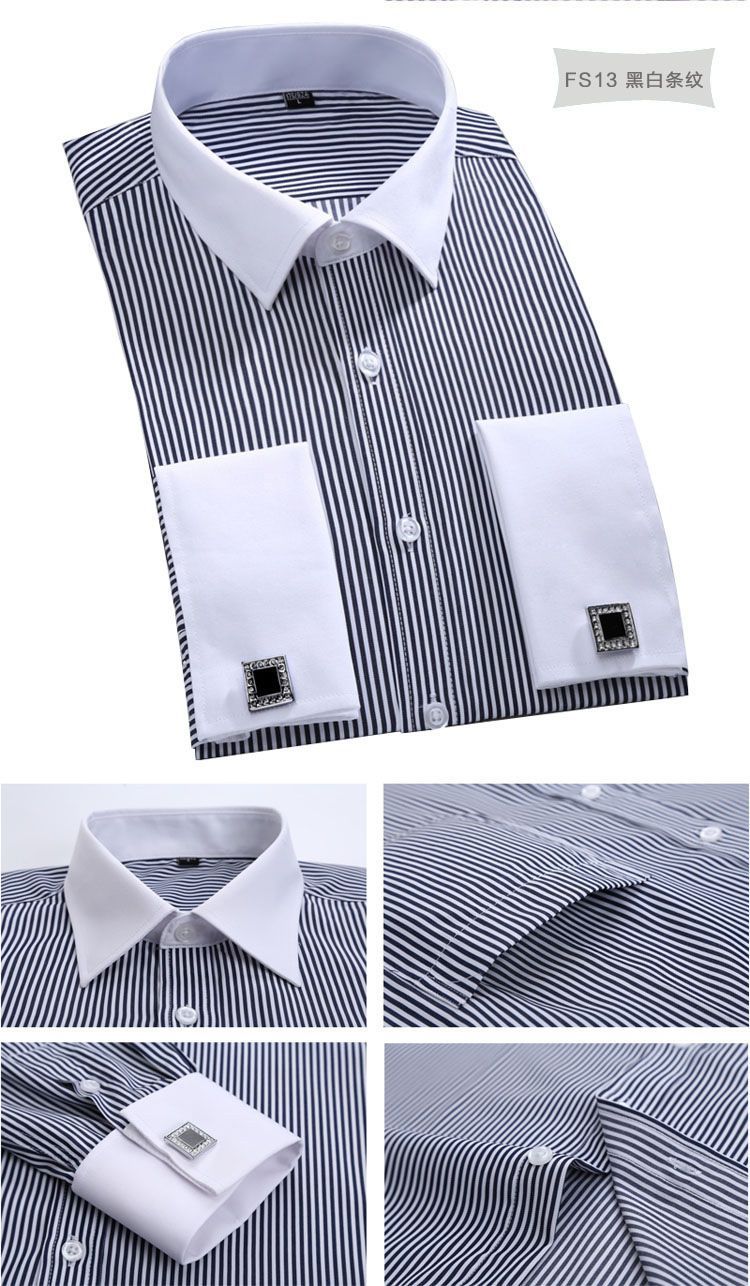 High Quality Striped For Men French Cufflinks Casual Dress Shirts Long Sleeved White Collar Design Wedding Tuxedo Men's Clothing Shirt