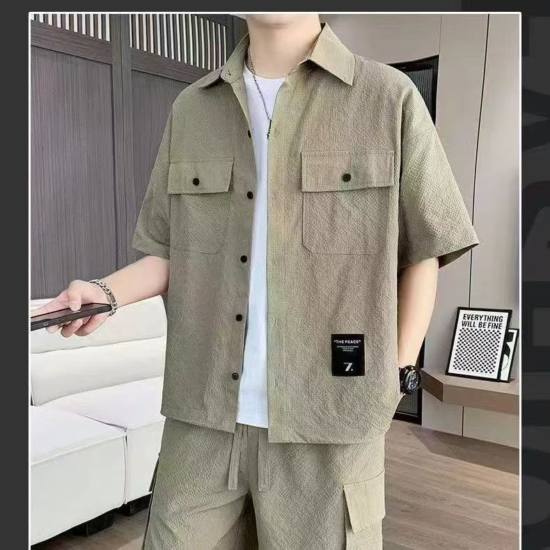 High Quality Men Cargo Shirt Set, Summer Thin Ice Silk Short Sleeve Shirt And Shorts 2 Piece Outfit, Comfortable Loose Fit Full Matching Men Clothing Set For Daily Wear