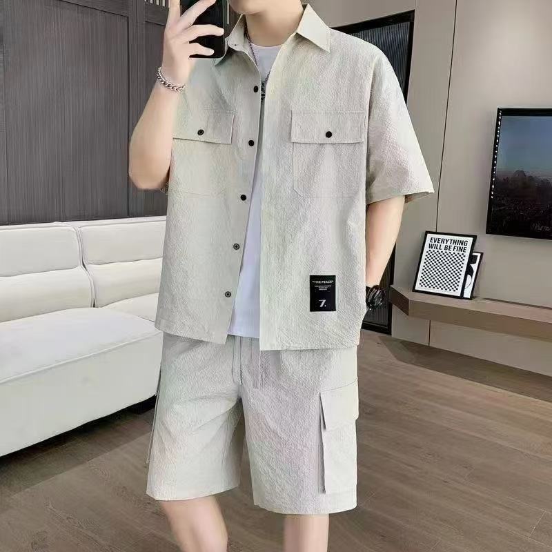 High Quality Men Cargo Shirt Set, Summer Thin Ice Silk Short Sleeve Shirt And Shorts 2 Piece Outfit, Comfortable Loose Fit Full Matching Men Clothing Set For Daily Wear