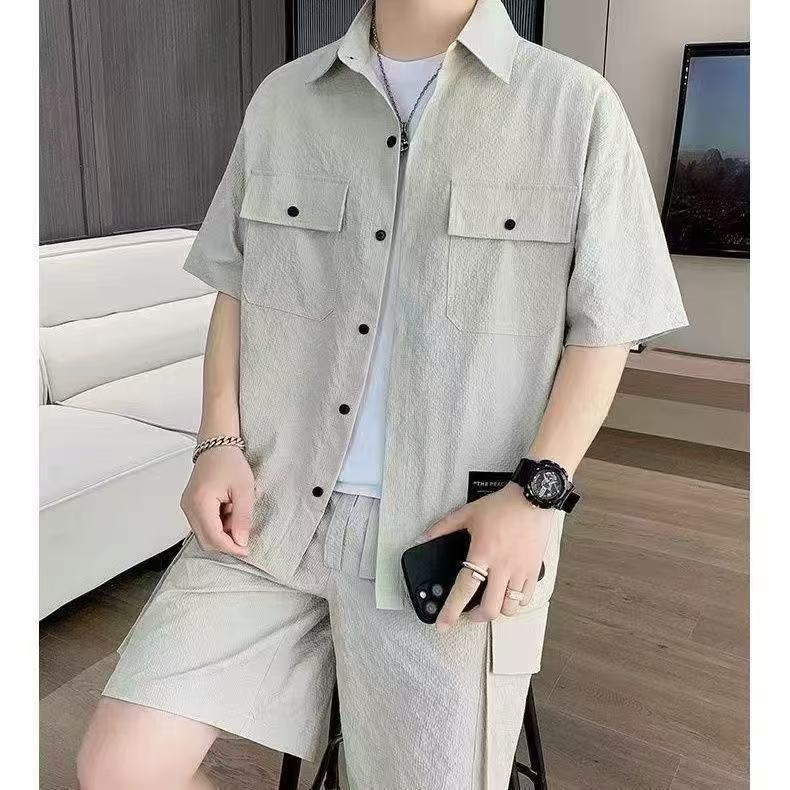 High Quality Men Cargo Shirt Set, Summer Thin Ice Silk Short Sleeve Shirt And Shorts 2 Piece Outfit, Comfortable Loose Fit Full Matching Men Clothing Set For Daily Wear