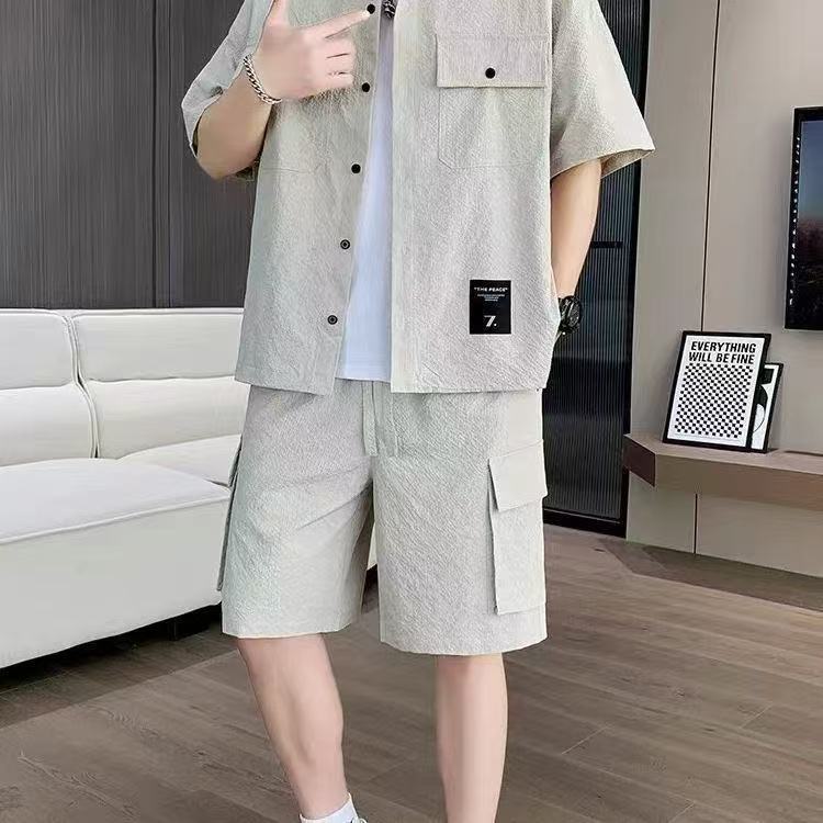 High Quality Men Cargo Shirt Set, Summer Thin Ice Silk Short Sleeve Shirt And Shorts 2 Piece Outfit, Comfortable Loose Fit Full Matching Men Clothing Set For Daily Wear