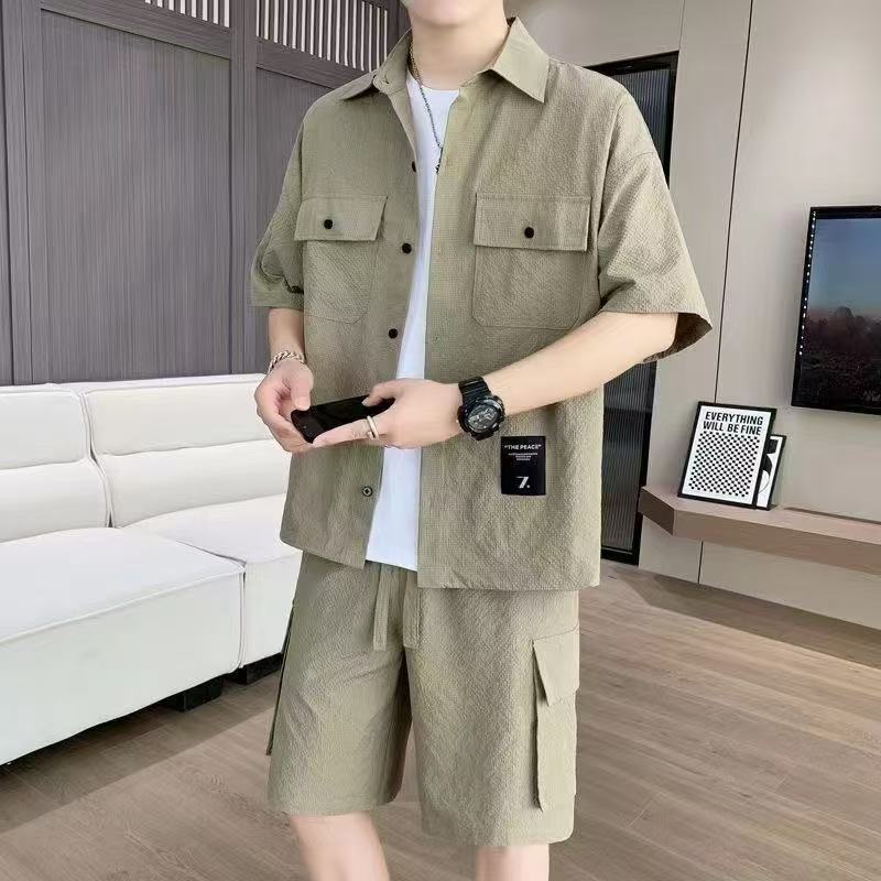 High Quality Men Cargo Shirt Set, Summer Thin Ice Silk Short Sleeve Shirt And Shorts 2 Piece Outfit, Comfortable Loose Fit Full Matching Men Clothing Set For Daily Wear