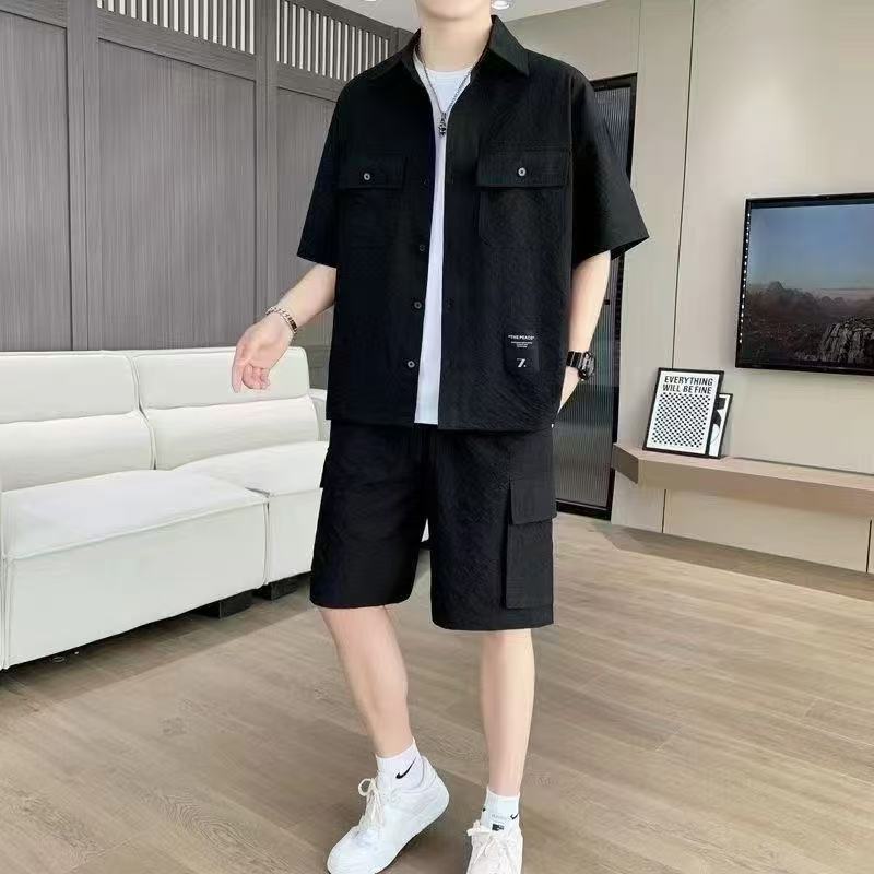 High Quality Men Cargo Shirt Set, Summer Thin Ice Silk Short Sleeve Shirt And Shorts 2 Piece Outfit, Comfortable Loose Fit Full Matching Men Clothing Set For Daily Wear