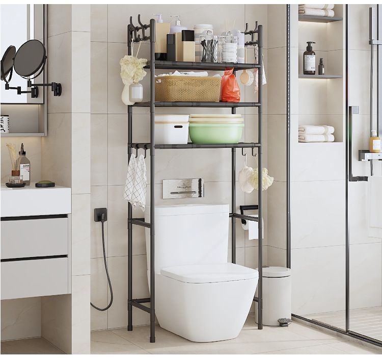 Nunix 3 Layer Metallic Bathroom Storage Rack  Floor Standing Toilet Rack Over The Toilet Rack Organizer With Guardrail Bathroom Organizer Free Standing Space Saver Stands Rack