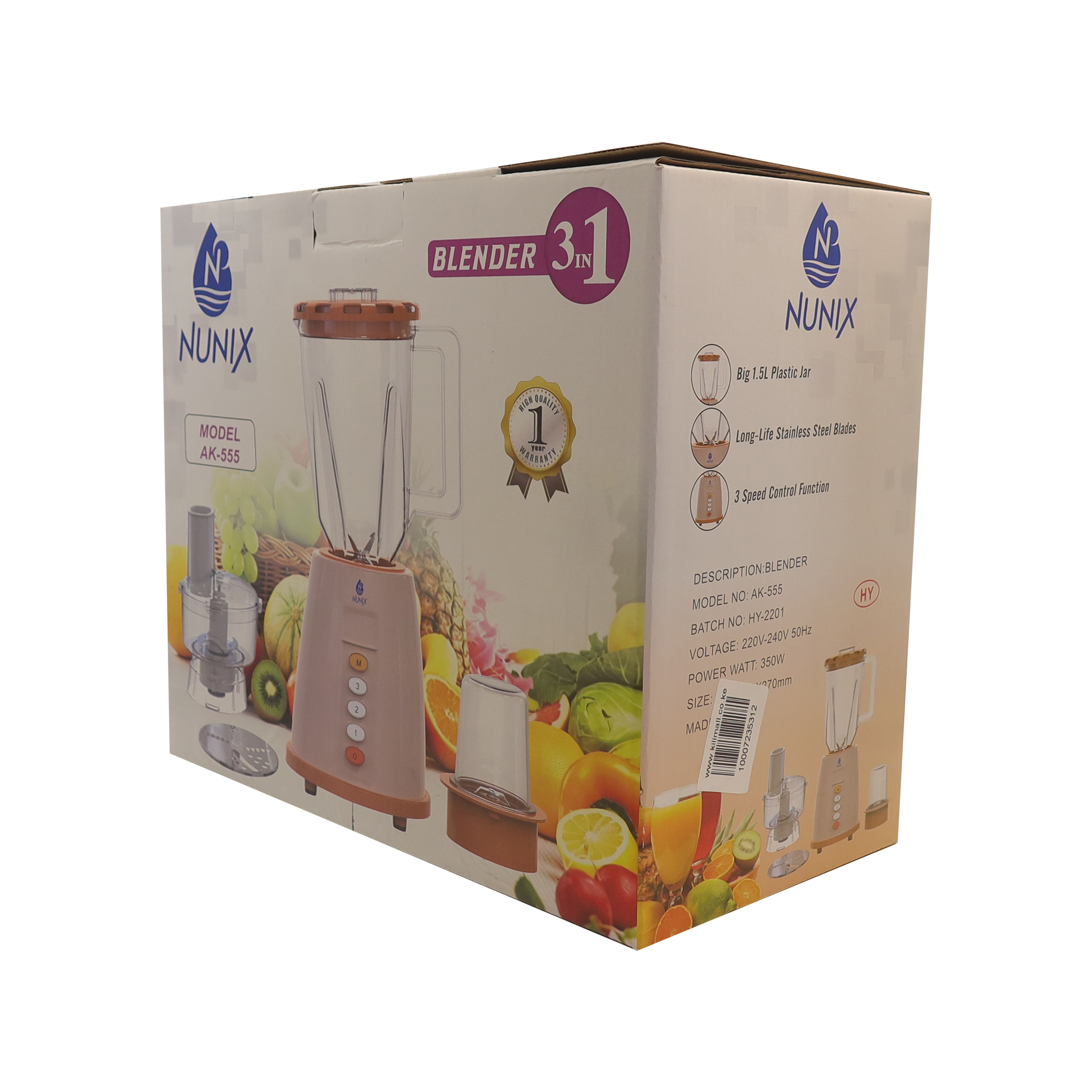 Nunix AK555  1.5L 3 IN 1 Blender Juicer Household Appliances With Grinder 【Hot】3 Speed Motor Stainless Steel