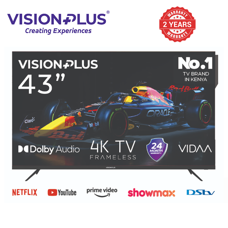 Vision Plus 43 Inch VP8843KV 4K Frameless Smart TV VIDAA V+ OS DLED Dolby Audio Netflix YouTube Energy Saving Two Year Warranty For Home Living Room