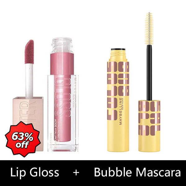 Maybelline Beginner Makeup Essential Kit(Maybelline Lifter Gloss Plumping Lip Gloss 005 Petal + Colossal Bubble Washable Volumizing Mascara Blackest Black)