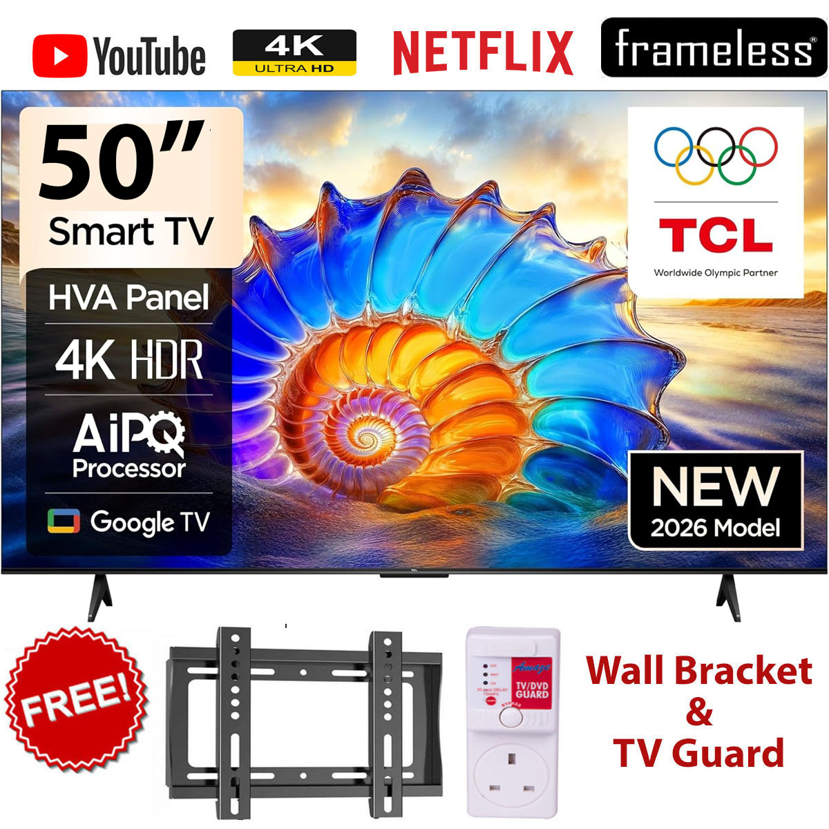 TCL 50V6D 50 Inch Smart 4K UHD Television, Google TV OS, HDR10+,Dolby Vision,DTS Virtual:X, Dolby Atmos, Dynamic Color Enhancement, MEMC, Voice Remote, Built-in Chromecast, Slim Bezel+BRACKET+TV GUARD