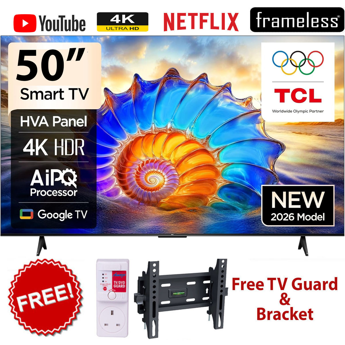 TCL 50V6D 50" Inch Google Smart Television, 4K UHD LED Display, HDR10+, Dolby Vision, Dolby Atmos Surround Sound, MEMC Motion Enhancement, Game Master, Dynamic Color, WiFi, Bluetooth+FREE GIFTS
