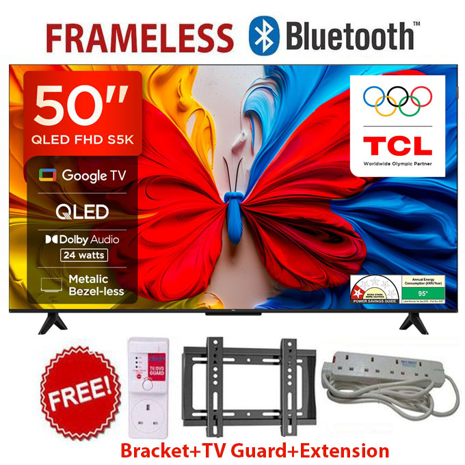 TCL 50" Inch Smart Google TV QLED,FHD Android Television featuring Built-In WiFi, Bluetooth, HDR Display, Netflix, YouTube, Prime Video, Dolby Audio, Screen Cast,+FREE BRACKET+TV GUARD+EXTENSION