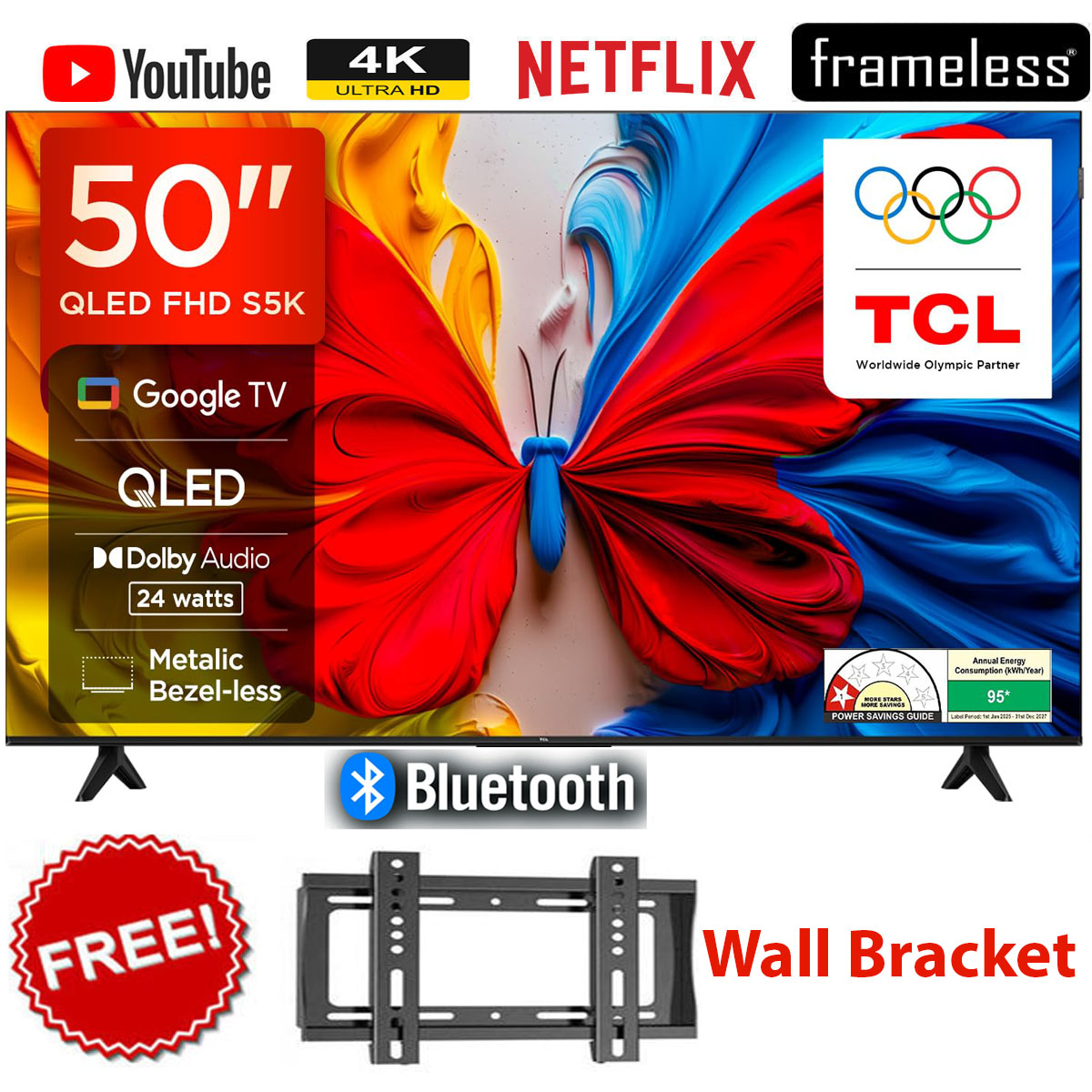 TCL 50S5K 50" Inch QLED Android Smart TV, Google TV, Full HD 2K, HDR10, Dolby Audio, Voice Search, WiFi, Bluetooth, HDMI+FREE WALL BRACKET+1 Year Warranty