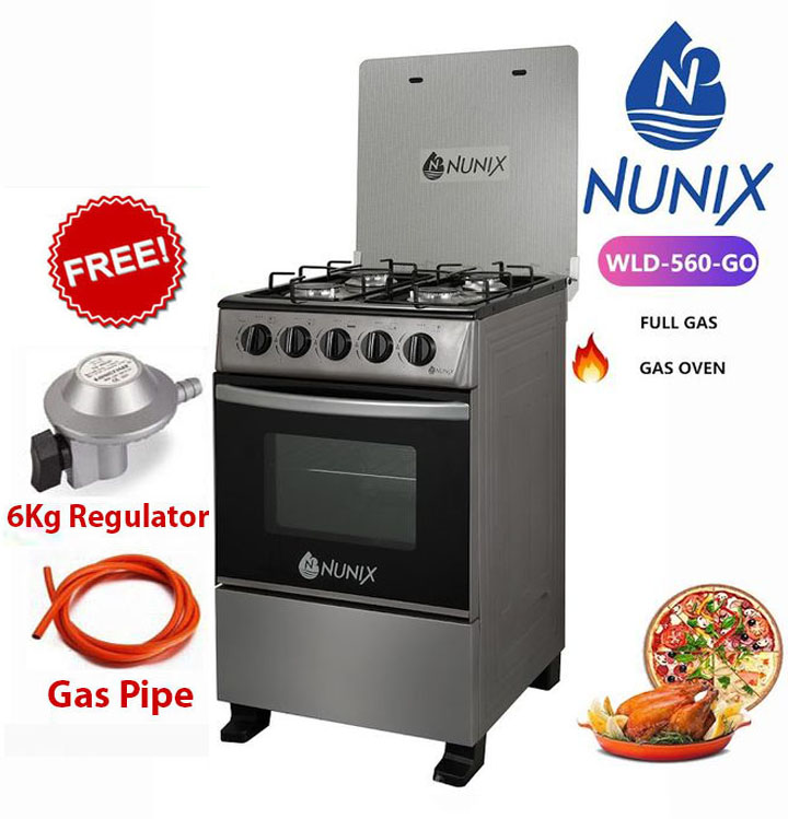 Nunix 50x55 Free Standing Gas Cooker, 4 Gas Jet Burners, Large Capacity Gas Oven, Energy Saving, Auto Ignition+FREE 6KG REGULATOR+GAS PIPE