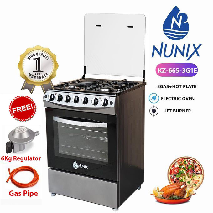 Nunix KZ665-3G1E 60x65 Free Standing Gas Cooker, 3 Gas Burners + 1 Electric Hot Plate, Electric Oven, Tempered Glass Lid, Auto Ignition+FREE 6KG REGULATOR+GAS PIPE